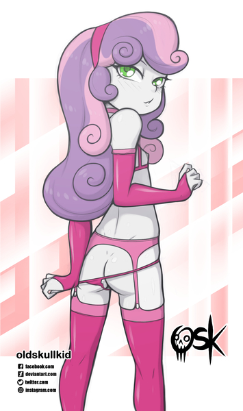 Size: 1053x1780 | Tagged: questionable, artist:oldskullkid, banned from derpibooru, sweetie belle, human, equestria girls, butt, child, clothes, from behind, garter belt, image, jpeg, lingerie, lolicon, looking back, panties, stockings, sweetie butt, thigh highs, thong, underage, underwear, young
