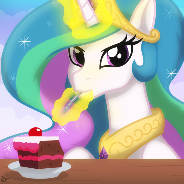 Size: 2048x2048 | Tagged: safe, artist:whitequartztheartist, princess celestia, alicorn, pony, cake, cakelestia, crown, cute, cutelestia, diamond, eating, female, food, glowing horn, horn, jewelry, looking at you, magic, mare, regalia, solo, table, that pony sure does love cakes, wings