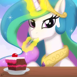 Size: 2048x2048 | Tagged: safe, artist:whitequartztheartist, princess celestia, alicorn, pony, cake, cakelestia, crown, cute, cutelestia, diamond, eating, female, food, glowing horn, horn, jewelry, looking at you, magic, mare, regalia, solo, table, that pony sure does love cakes, wings