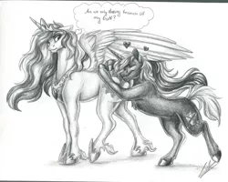 Size: 2682x2141 | Tagged: safe, artist:lupiarts, princess celestia, oc, oc:lee enfield, alicorn, pony, annoyed, black and white, butt, butthug, canon x oc, duo, grayscale, hug, implied shipping, monochrome, simple background, sunbutt, white background