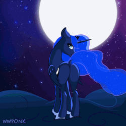 Size: 900x900 | Tagged: suggestive, artist:wildviolet-m, princess luna, alicorn, pony, animated, blinking, butt, dock, female, frame by frame, full moon, gif, looking at you, looking back, looking back at you, mare, moon, moonbutt, night, plot, praise the moon, solo, spread wings, stars, wind, windswept mane, wings
