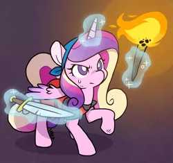 Size: 600x565 | Tagged: safe, artist:cuteosphere, princess cadance, alicorn, pony, clothes, crossover, crypt of the necrodancer, female, levitation, magic, mare, solo, sweat, sword, telekinesis, torch, weapon