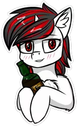 Size: 850x1373 | Tagged: safe, artist:colourwave, oc, oc:blackjack, unofficial characters only, pony, unicorn, fallout equestria, fallout equestria: project horizons, fanfic, alcohol, blushing, chest fluff, compact horn, cute, cyber eyes, ear fluff, fanfic art, female, horn, its not small its compact!, looking at you, mare, non canon, simple background, simple shading, solo, sticker, transparent background, whiskey