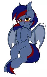 Size: 2359x3800 | Tagged: safe, artist:rileyisherehide, paywalled source, oc, unnamed oc, unofficial characters only, bat pony, pony, bat pony oc, bat wings, blushing, eyeshadow, female, lidded eyes, makeup, mare, raised hoof, raised hooves, simple background, smiling at you, solo, white background, wings