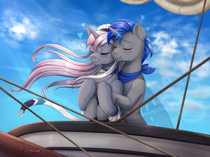 Size: 2200x1650 | Tagged: safe, artist:evomanaphy, paywalled source, oc, unnamed oc, unofficial characters only, changeling, pony, bandana, blue sky, blushing, couple, duo, eyes closed, female, hug, male, mare, outdoors, ship, shipping, transparent wings, wings