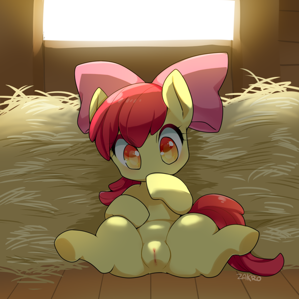 Size: 1000x1000 | Tagged: explicit, alternate version, artist:zakro, derpibooru import, paywalled source, apple bloom, earth pony, pony, adorabloom, bow, cute, cute porn, female, filly, foalcon, hay, human vagina on pony, looking at you, nudity, on back, solo, solo female, solo filly, spread legs, spreading, underage, vulva