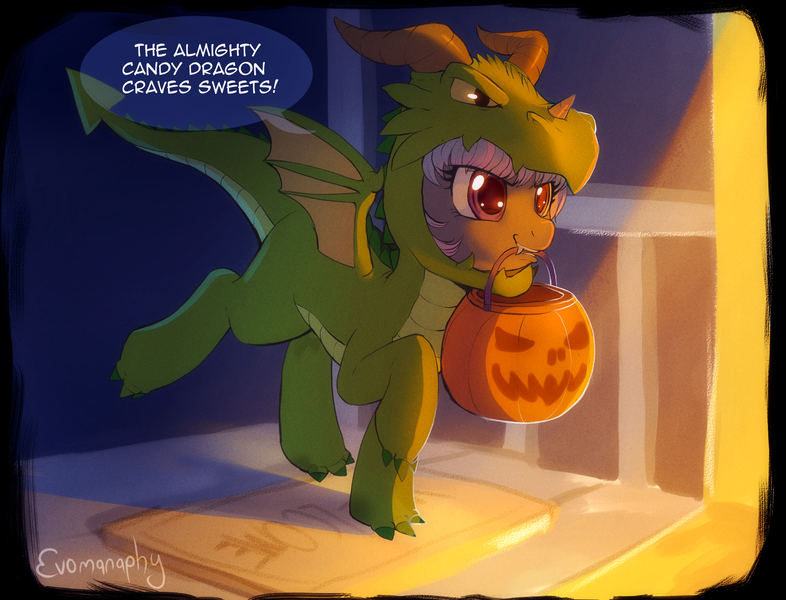 Size: 2127x1623 | Tagged: artist needed, safe, paywalled source, oc, unnamed oc, unofficial characters only, earth pony, pony, clothes, cosplay, costume, cute, dialogue, female, halloween, holiday, jack-o-lantern, mare, mouth hold, ocbetes, outdoors, pumpkin, solo, trick or treat