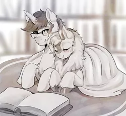 Size: 2678x2458 | Tagged: safe, artist:evomanaphy, paywalled source, oc, unofficial characters only, kirin, pony, unicorn, blanket, blushing, book, cuddling, cute, duo, eyes closed, female, glasses, kirin oc, library, male, mare, monochrome, ocbetes