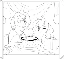 Size: 2300x2121 | Tagged: safe, artist:evomanaphy, pony, unicorn, birthday, birthday cake, cake, duo, female, food, glasses, hat, lineart, male, mare, party hat, photo, present, smiling, stallion, streamers, table