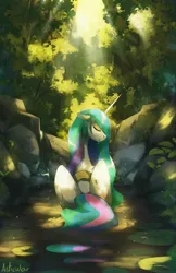 Size: 2650x4096 | Tagged: safe, artist:anticular, princess celestia, alicorn, pony, eyes closed, female, forest, lilypad, mare, scenery, smiling, solo, water