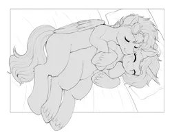 Size: 2099x1650 | Tagged: safe, artist:evomanaphy, paywalled source, oc, unofficial characters only, pegasus, pony, unicorn, bed, blushing, couple, cuddling, cute, duo, female, goggles, male, mare, ocbetes, pillow, simple background, smiling, spooning, stallion, straight, white background