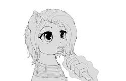 Size: 1945x1253 | Tagged: safe, artist:evomanaphy, paywalled source, oc, unofficial characters only, earth pony, pony, ear piercing, earring, female, jewelry, lineart, magic, mare, microphone, necklace, offscreen character, open mouth, piercing, simple background, solo, white background