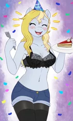 Size: 1300x2150 | Tagged: anthro, anthro oc, artist:evomanaphy, birthday, blushing, bra, breasts, cake, clothes, eyes closed, female, food, fork, freckles, happy, oc, oc:evo, open mouth, see-through, shorts, smiling, solo, solo female, stockings, suggestive, thigh highs, underwear, unofficial characters only