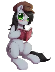 Size: 2300x3032 | Tagged: suggestive, artist:evomanaphy, paywalled source, oc, oc:mia, earth pony, pony, bandaid, blushing, book, commission, female, hat, mare, simple background, sitting, smiling at you, solo, transparent background