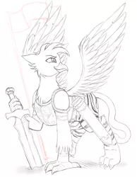 Size: 2400x3100 | Tagged: safe, artist:evomanaphy, paywalled source, oc, oc:prince vahrion, unofficial characters only, gryphon, hybrid, pony, armor, clothes, commission, fantasy class, flag, german, knight, looking at something, male, pole, prince, simple background, sketch, solo, sword, transparent background, warrior, weapon, white background, white tiger, wip