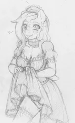 Size: 733x1195 | Tagged: suggestive, artist:evomanaphy, paywalled source, oc, oc:evo, unofficial characters only, anthro, earth pony, adorasexy, anthro oc, black underwear, blushing, breasts, clothes, collar, cute, dress, female, freckles, frilly underwear, happy, image, maid, panties, png, sexy, simple background, sketch, skirt, skirt lift, socks, solo, solo female, stockings, thigh highs, tongue out, traditional art, underwear, white background, wip