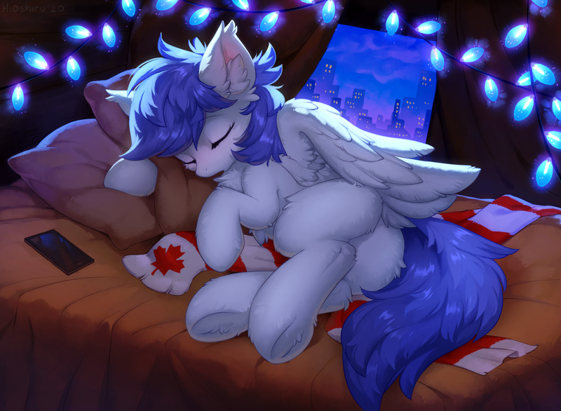 Size: 3500x2562 | Tagged: safe, alternate version, artist:hioshiru, paywalled source, oc, oc:gabriel, unofficial characters only, pegasus, pony, absurd resolution, bed, bedroom, canadian flag, eyes closed, female, fluffy, hug, human vagina on pony, image, lying down, mobile phone, nudity, on bed, phone, pillow, pillow hug, png, side, sleeping, smartphone, solo, underhoof, wings