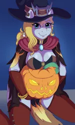 Size: 1514x2500 | Tagged: suggestive, artist:evomanaphy, paywalled source, oc, oc:evo, unofficial characters only, anthro, earth pony, adorasexy, anthro oc, big breasts, breasts, cleavage, clothes, cute, explicit source, female, freckles, halloween, hat, holiday, image, jack-o-lantern, looking at you, mercy, night, ocbetes, overwatch, png, pumpkin, sexy, smiling, solo, solo female, thighs, wip, witch hat, witch mercy