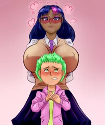 Size: 1200x1420 | Tagged: suggestive, artist:nothingbutathought, spike, twilight sparkle, human, ara ara, breasts, busty twilight sparkle, clothes, female, heart eyes, humanized, imminent sex, male, shipping, straight, straight shota, this will end in snu snu, twispike, wingding eyes