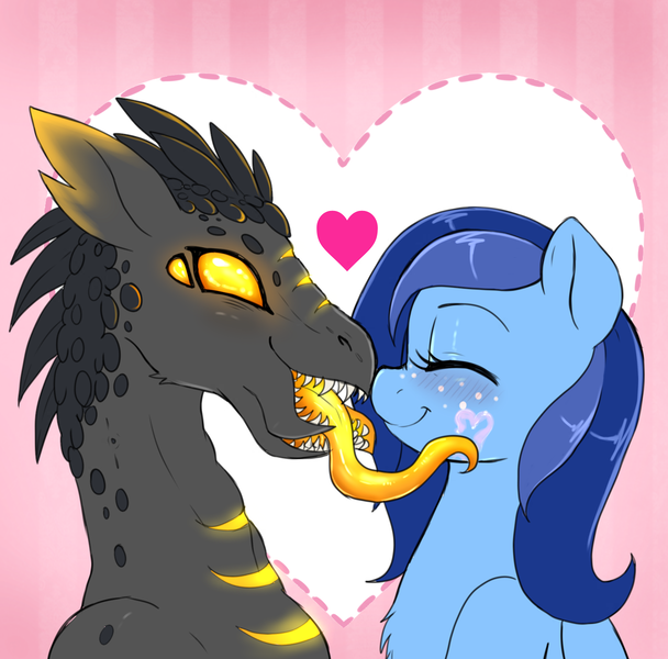 Size: 1565x1544 | Tagged: safe, artist:evomanaphy, paywalled source, oc, oc:stardust, unofficial characters only, ghost, original species, pony, undead, blushing, eyes closed, female, heart, interspecies love, licking, mare, smiling, tongue out