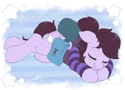 Size: 2296x1654 | Tagged: safe, artist:evomanaphy, paywalled source, oc, oc:pillow case, unofficial characters only, pegasus, pony, bag, blushing, clothes, cute, eyes closed, female, mare, ocbetes, saddle bag, side, simple background, sleeping, smiling, solo, transparent background