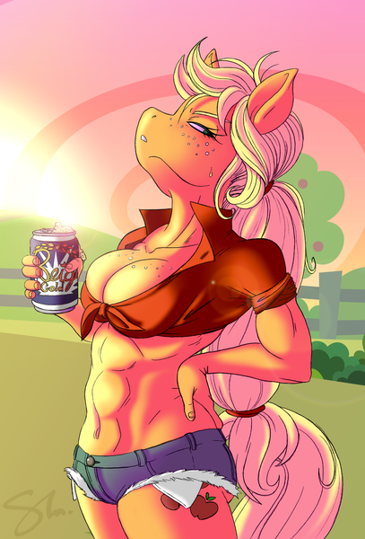 Size: 1024x1508 | Tagged: abs, anthro, applejack, artist:molochtdl, boob freckles, breasts, busty applejack, can, chest freckles, cleavage, clothes, daisy dukes, freckles, front knot midriff, midriff, shorts, solo, suggestive, sweat, sweatdrop