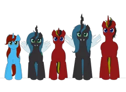 Size: 3071x2256 | Tagged: safe, artist:evomanaphy, paywalled source, oc, oc:blazing light, oc:cyclorra, unofficial characters only, alicorn, changeling, pony, unicorn, alicorn oc, changeling oc, disguise, disguised changeling, fangs, female, horn, looking at you, male, mare, simple background, size comparison, smiling, stallion, standing, transparent background, wings, wip