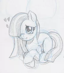 Size: 864x977 | Tagged: safe, artist:evomanaphy, paywalled source, marble pie, pony, blushing, cute, female, heart, mare, prone, sketch, smiling, solo, traditional art