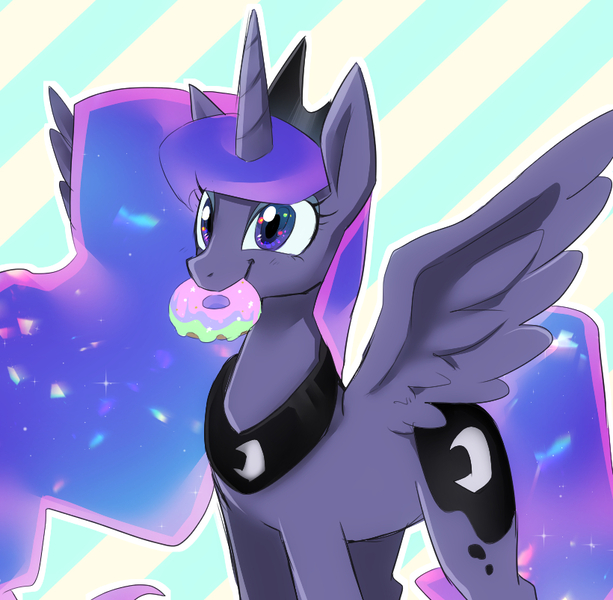 Size: 820x803 | Tagged: dead source, safe, artist:hosikawa, princess luna, alicorn, pony, cute, donut, female, food, food in mouth, image, jpeg, lunabetes, mare, mouth hold, solo, spread wings, wings