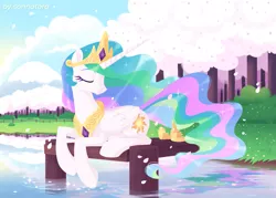 Size: 1813x1299 | Tagged: safe, artist:sonnatora, princess celestia, alicorn, pony, cherry blossoms, cute, cutelestia, eyes closed, female, flower, flower blossom, hoof shoes, image, lying down, mare, petals, pier, png, prone, river, smiling, solo, water