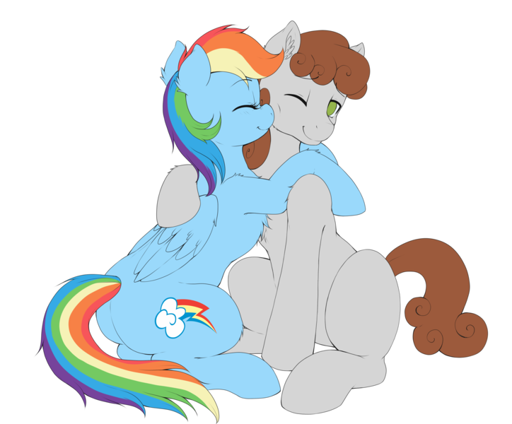 Size: 2700x2238 | Tagged: safe, artist:evomanaphy, paywalled source, rainbow dash, oc, oc:dreamer, earth pony, pegasus, pony, blushing, canon x oc, chest fluff, commission, cute, dashabetes, eyes closed, female, happy, hug, male, nuzzling, ocbetes, rainmer, shipping, simple background, smiling, straight, transparent background, wip