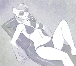 Size: 2181x1890 | Tagged: suggestive, artist:evomanaphy, paywalled source, oc, unofficial characters only, anthro, earth pony, bikini, clothes, crazy straw, drink, drinking, female, image, monochrome, png, solo, solo female, sunglasses, swimming pool, swimsuit