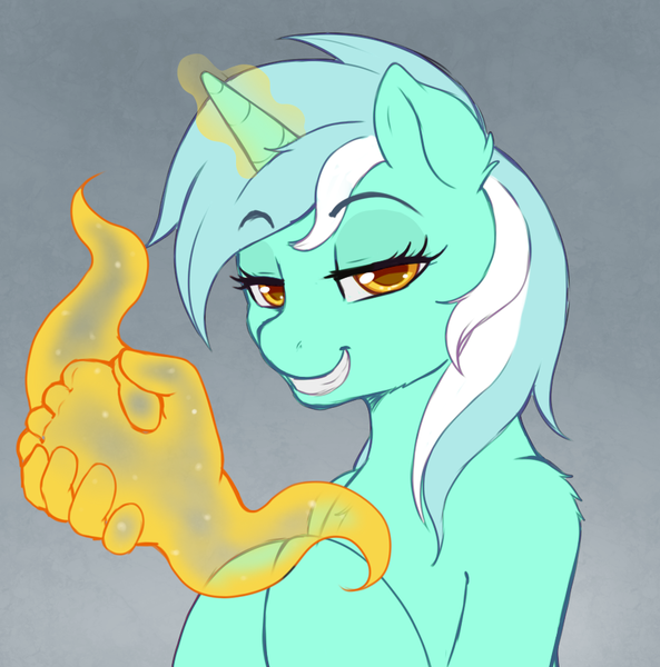 Size: 892x903 | Tagged: safe, artist:evomanaphy, lyra heartstrings, human, pony, unicorn, chest fluff, eyebrow wiggle, female, glowing horn, hand, hooves together, horn, jew, jewnicorn, le happy merchant, lidded eyes, looking at you, magic, magic hands, mare, smiling, solo