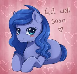 Size: 961x934 | Tagged: safe, artist:evomanaphy, derpibooru import, paywalled source, oc, oc:shadow blue, unofficial characters only, earth pony, pony, abstract background, earth pony oc, female, heart, image, looking at you, mare, png, prone, smiling, smiling at you, solo, solo female