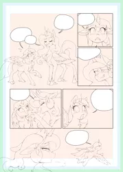 Size: 2598x3626 | Tagged: safe, artist:evomanaphy, paywalled source, princess celestia, twilight sparkle, alicorn, boop, chest fluff, comic, eyes closed, flying, grin, jewelry, lineart, nervous, nervous grin, open mouth, regalia, relief, smiling, speech bubble, surprised, sweat, unshorn fetlocks, wings