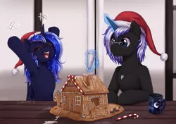 Size: 1745x1229 | Tagged: safe, artist:evomanaphy, paywalled source, gingerbread, princess luna, oc, alicorn, pony, unicorn, blushing, candy, candy cane, christmas, cute, father and child, father and daughter, female, food, frosting, glasses, hat, holiday, indoors, magic, male, mare, mug, ocbetes, open mouth, smiling, stallion, table