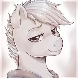 Size: 1000x1000 | Tagged: safe, artist:evomanaphy, paywalled source, oc, unofficial characters only, pony, abstract background, bedroom eyes, head shot, looking at you, male, monochrome, smiling, smug, solo, stallion