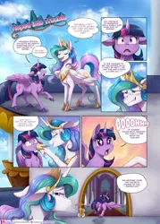 Size: 1200x1675 | Tagged: safe, artist:evomanaphy, artist:stepandy, paywalled source, princess celestia, twilight sparkle, alicorn, comic:roped into trouble, boop, chest fluff, comic, dialogue, eyes closed, flying, grin, jewelry, lineart, nervous, nervous grin, open mouth, regalia, relief, smiling, speech bubble, surprised, sweat, unshorn fetlocks, wings