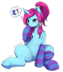 Size: 1400x1600 | Tagged: safe, artist:evomanaphy, paywalled source, oc, unofficial characters only, alicorn, pony, alicorn oc, blushing, clothes, cute, female, frown, horn, mare, ocbetes, scrunchy face, simple background, socks, solo, thought bubble, transparent background, underhoof, wings