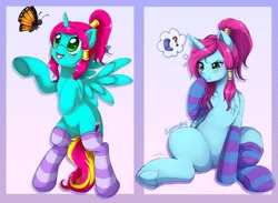Size: 1919x1402 | Tagged: safe, artist:evomanaphy, paywalled source, oc, unofficial characters only, alicorn, butterfly, insect, pony, alicorn oc, bipedal, blushing, clothes, comparison, cute, draw this again, female, frown, horn, mare, ocbetes, open mouth, raised hoof, redraw, scrunchy face, simple background, smiling, socks, solo, thought bubble, transparent background, underhoof, wings