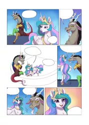 Size: 2866x4000 | Tagged: safe, artist:evomanaphy, paywalled source, discord, princess celestia, alicorn, balcony, blushing, chest fluff, comic, dislestia, female, floppy ears, male, open mouth, shipping, simple background, sitting, smiling, sneer, speech bubble, straight, sweat, talking, white background, wip