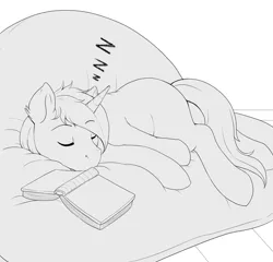 Size: 2000x1916 | Tagged: safe, artist:evomanaphy, paywalled source, oc, oc:night rain, unofficial characters only, pony, unicorn, book, couch, eyes closed, freckles, lineart, male, monochrome, onomatopoeia, sleeping, solo, sound effects, stallion, wip, zzz