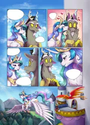 Size: 2866x4000 | Tagged: safe, artist:evomanaphy, paywalled source, discord, philomena, princess celestia, alicorn, pony, blushing, dislestia, eyes closed, female, fidgeting, flying, frown, heart, jewelry, kissing, lineart, male, mare, open mouth, regalia, shipping, simple background, sitting, smiling, speech bubble, straight, surprised, sweat, white background, wip