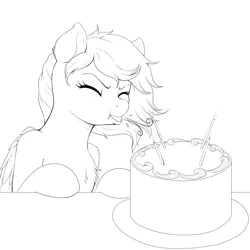 Size: 2300x2300 | Tagged: safe, artist:evomanaphy, paywalled source, oc, unofficial characters only, pegasus, pony, birthday cake, cake, candle, chest fluff, cute, determined, eyes closed, female, food, lineart, mare, ocbetes, pbbtt, simple background, solo, spitting, white background