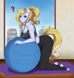 Size: 2780x2924 | Tagged: suggestive, artist:evomanaphy, paywalled source, oc, oc:evo, anthro, earth pony, alternate hairstyle, bent over, breasts, cleavage, clothes, earth pony oc, female, image, indoors, looking at you, pants, png, ponytail, solo, solo female, thick, yoga, yoga ball, yoga mat, yoga pants
