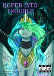 Size: 2866x4000 | Tagged: safe, artist:evomanaphy, artist:stepandy, paywalled source, princess celestia, queen chrysalis, alicorn, changeling, changeling queen, pony, comic:roped into trouble, chained, chains, cover art, creepy, creepy smile, duo, female, floppy ears, frown, lineart, mare, simple background, smiling, standing, teeth, tongue out, white background, wings