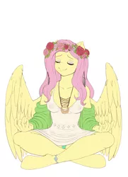 Size: 2600x3600 | Tagged: suggestive, artist:evomanaphy, paywalled source, fluttershy, anthro, pegasus, breasts, clothes, crossed legs, dress, eyes closed, female, flower, image, jewelry, meditating, necklace, nipples, nudity, panties, png, rose, see-through, simple background, smiling, solo, solo female, underwear, white background