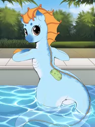 Size: 1875x2500 | Tagged: safe, artist:evomanaphy, paywalled source, oc, oc:nautica, unofficial characters only, merpony, pony, semi-anthro, female, mare, poolside, sea cucumber, swimming pool, wip