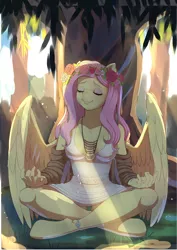 Size: 2618x3692 | Tagged: suggestive, artist:evomanaphy, paywalled source, fluttershy, anthro, pegasus, breasts, clothes, crepuscular rays, crossed legs, dress, eyes closed, female, flower, image, jewelry, meditating, necklace, nipples, nudity, outdoors, panties, png, rose, see-through, simple background, smiling, solo, solo female, tree, underwear, white background, wip