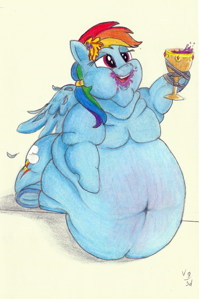 Size: 1500x2242 | Tagged: questionable, artist:white-eyed vireo, rainbow dash, pegasus, pony, alcohol, belly, big belly, bingo wings, bloated, chubby cheeks, double chin, drawing, drunk, drunker dash, fat, fat fetish, female, fetish, frog (hoof), gluttony, goblet, huge belly, impossibly large belly, large butt, messy, morbidly obese, neck roll, obese, rainblob dash, rolls of fat, solo, stretched cutie mark, stuffed, stuffed belly, tape, traditional art, underhoof, wine